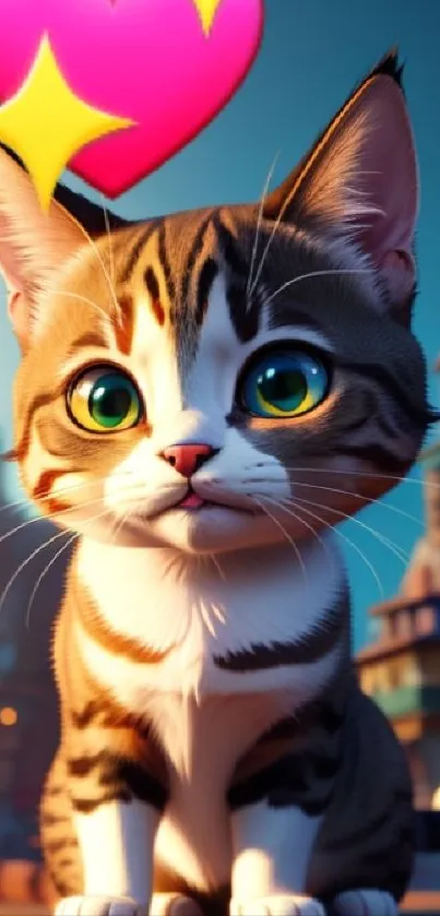 Cute cartoon cat with heart in a magical town setting.