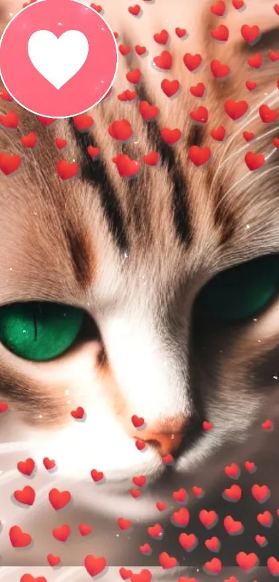 Cute cat with green eyes and red heart decorations.