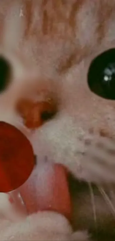 Cute cat licking a red lollipop close-up.