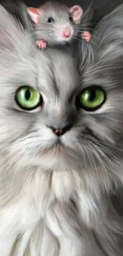 Fluffy white cat with green eyes and a small mouse on its head.