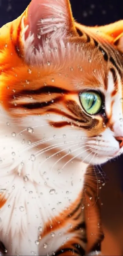 Realistic orange cat with green eyes and raindrops on fur.