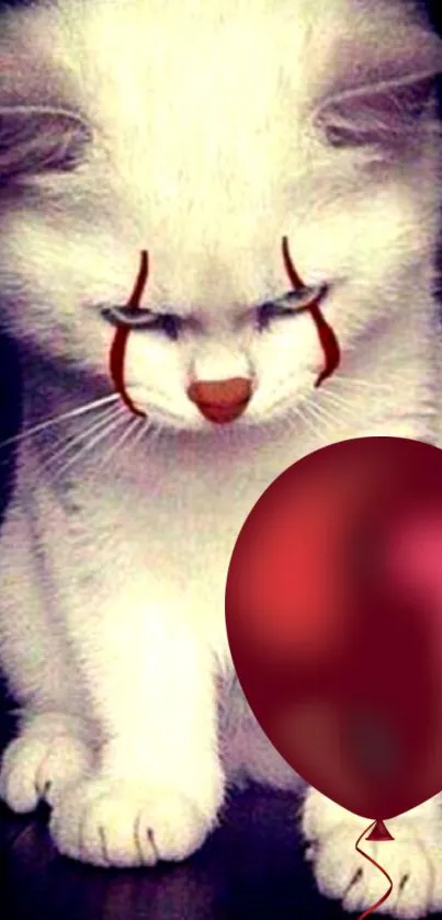 Adorable white cat with a crimson red balloon.