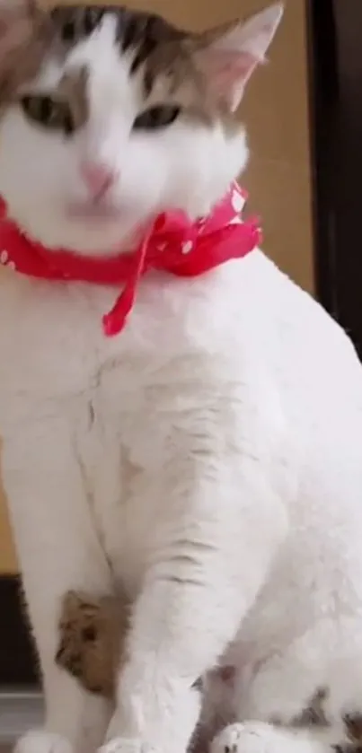 Fluffy white cat with red bandana sitting.