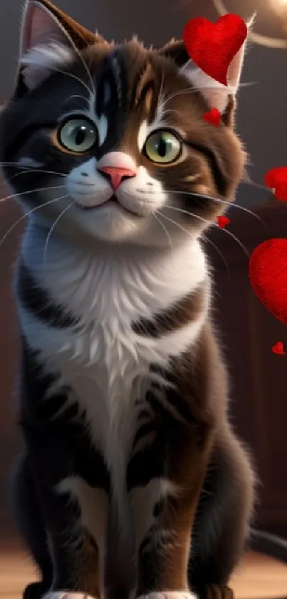 Adorable kitten with floating red hearts wallpaper.