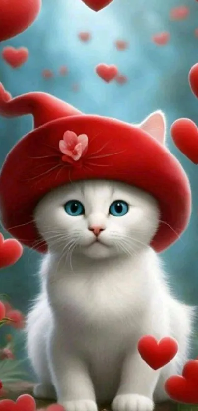 Cute white cat with red hat and hearts in a whimsical, romantic design.