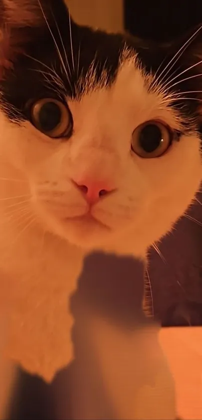 Curious cat with big eyes in a warm glowing light background.