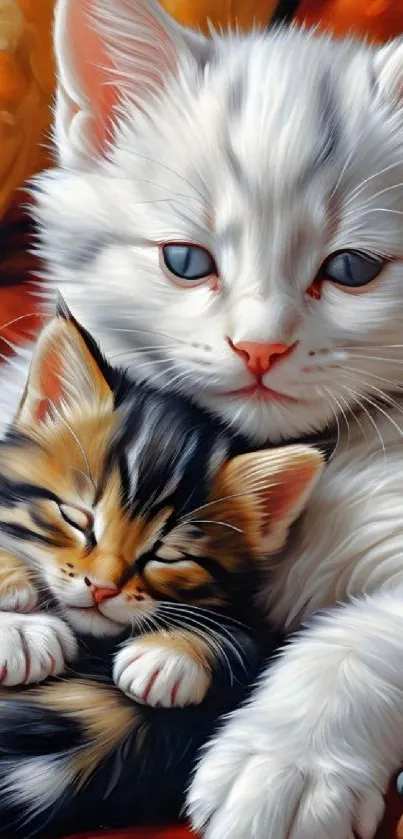 Two cute kittens sleeping on a colorful patterned blanket.