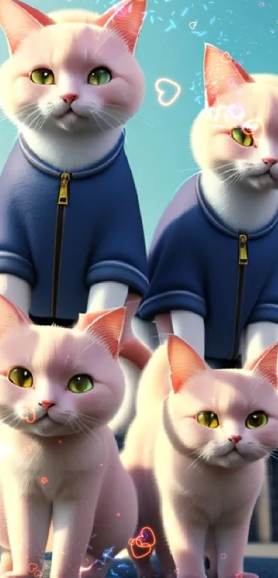 Four white cats in blue jackets under a sunny sky.