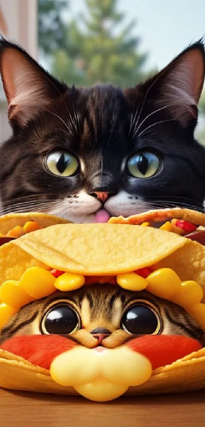 Two adorable cats dressed as tacos in a playful wallpaper.