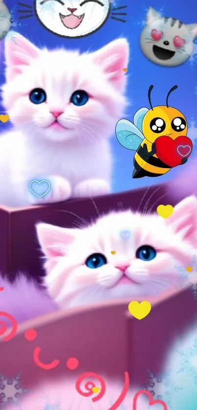 Adorable fluffy white cats with blue eyes and colorful emoticons on wallpaper.