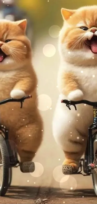 Two adorable fluffy cats joyfully riding bicycles in a whimsical setting.