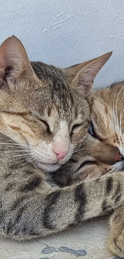Two adorable cats sleeping in a cozy cuddle on the floor.
