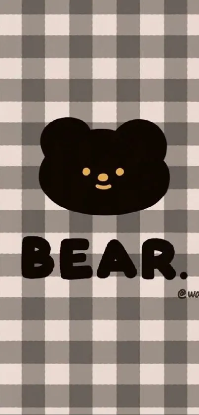 Cute bear design on a checkered background for mobile wallpaper.