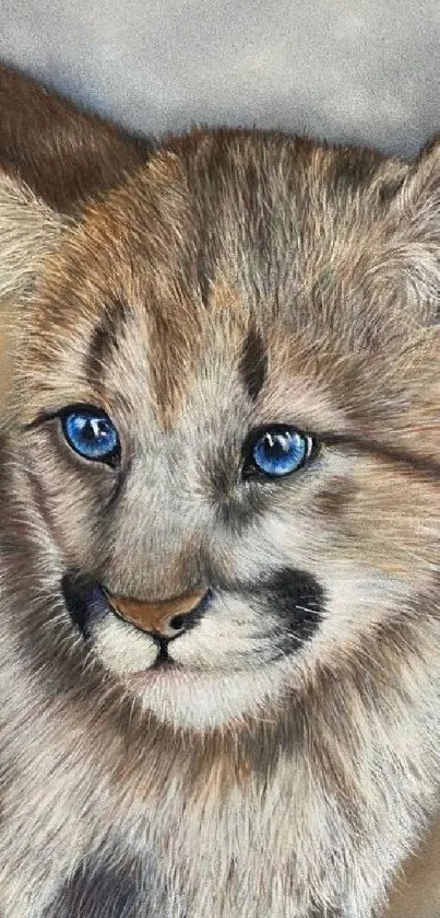 Adorable cheetah cub with blue eyes, perfect as a nature-themed wallpaper.