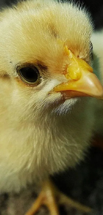 Close-up of an adorable baby chick with fluffy yellow feathers.