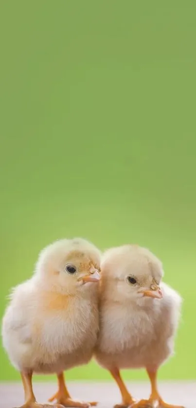 Two fluffy chicks against a light green background.