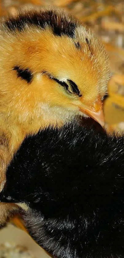 Cuddling yellow and black chicks wallpaper.