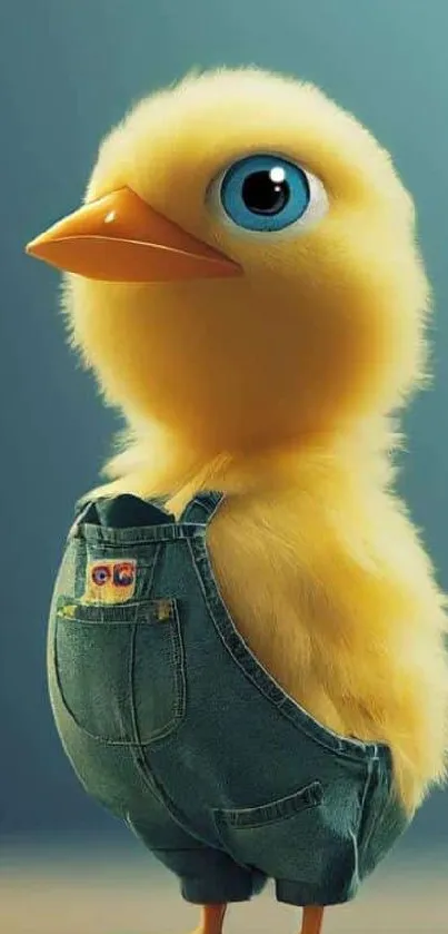 Adorable chick in denim overalls standing with a blue gradient background.