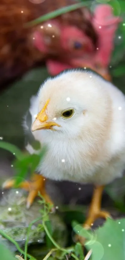 Fluffy chick in nature surrounded by green leaves.