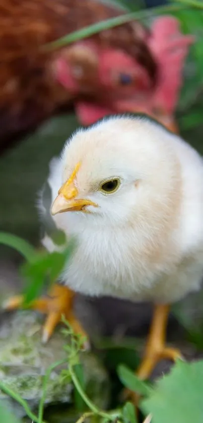 Cute fluffy chick walking in nature with greenery background.