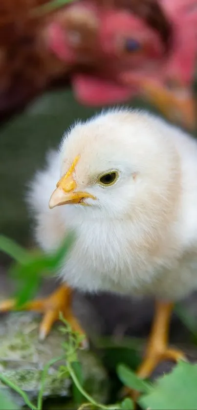 Fluffy yellow chick amid green leaves.