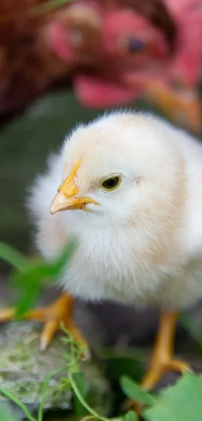 Close-up of a cute fluffy chick in natural surroundings.