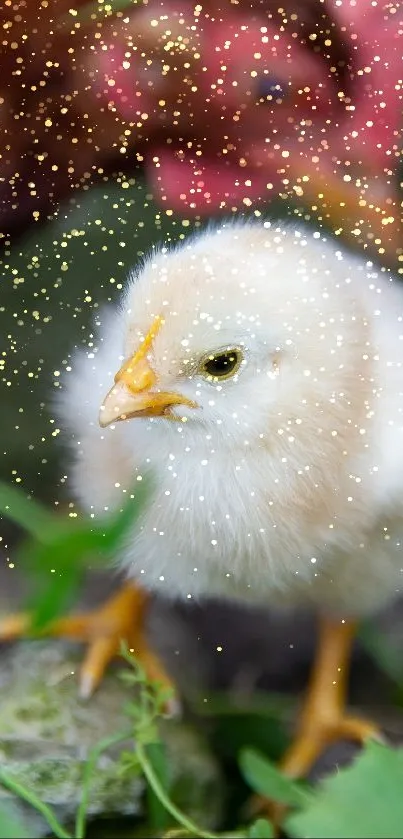 Cute fluffy chick with sparkling background