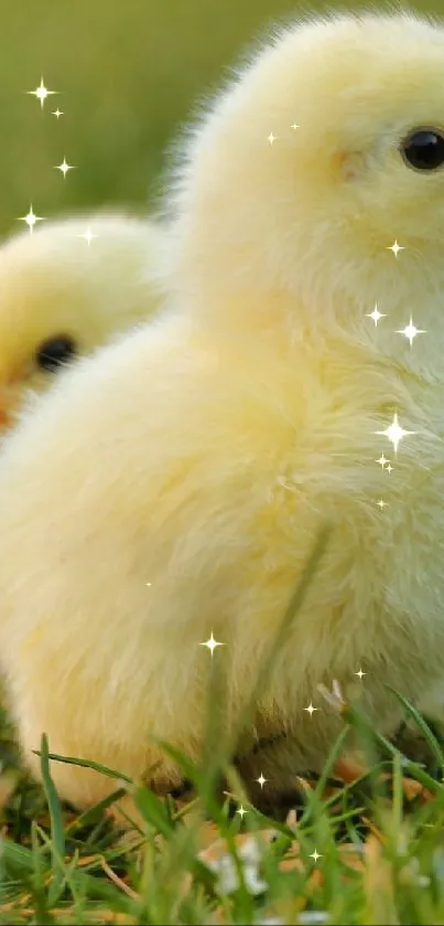 Adorable fluffy yellow chicks on green grass.