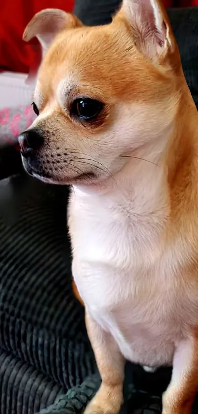 Adorable Chihuahua dog sitting on a couch.