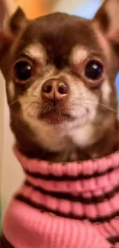 Chihuahua in a pink and brown striped sweater.