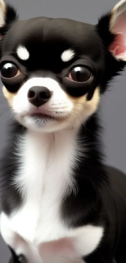 Adorable black and white Chihuahua with big eyes and ears on a mobile wallpaper.