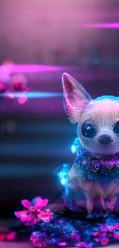 Adorable Chihuahua with neon lights and flowers in vibrant purple hues.