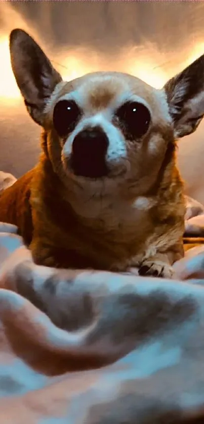 Adorable Chihuahua dog resting on a cozy blanket with warm lighting.