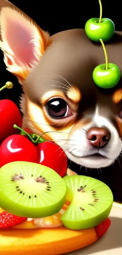 Adorable Chihuahua surrounded by fruits, including cherries and kiwi.