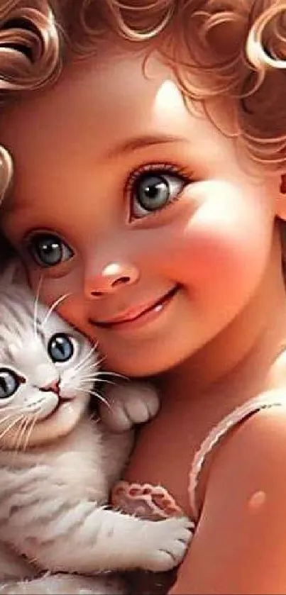 Adorable child hugging a kitten in digital art.