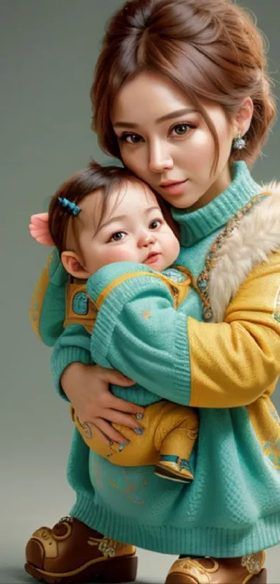 Mother lovingly embraces child, eye-catching colors.