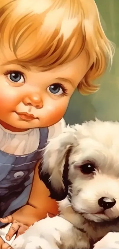 Adorable child and puppy in colorful illustration.