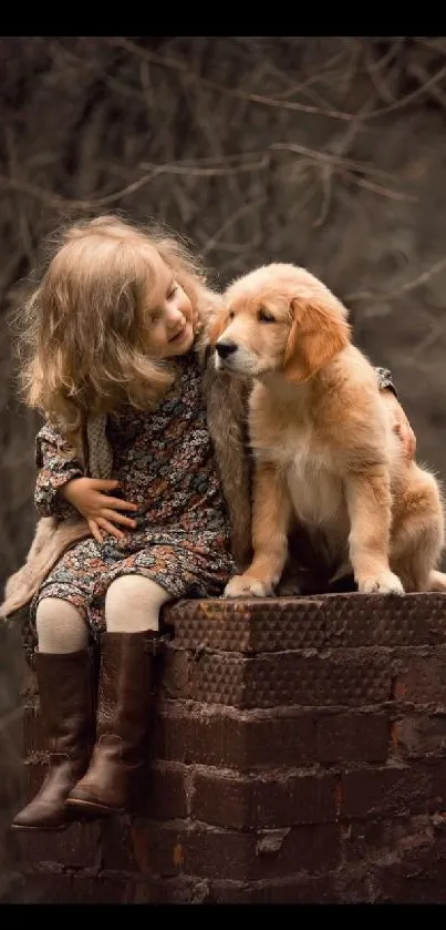 Little child hugging a puppy on a wall in nature.