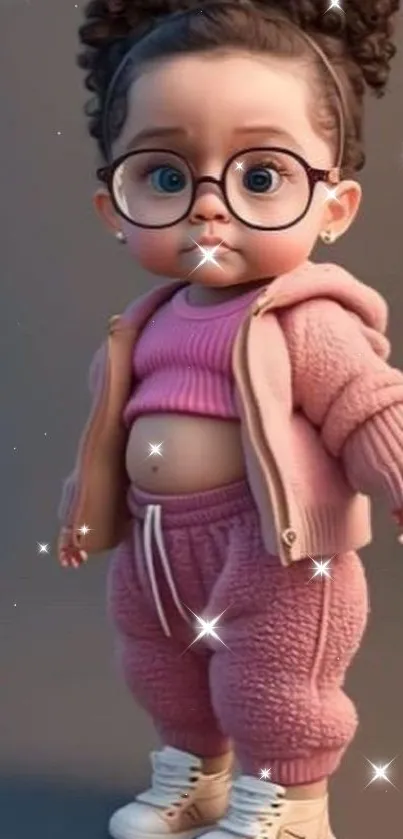 Adorable cartoon child in pink outfit with glasses.