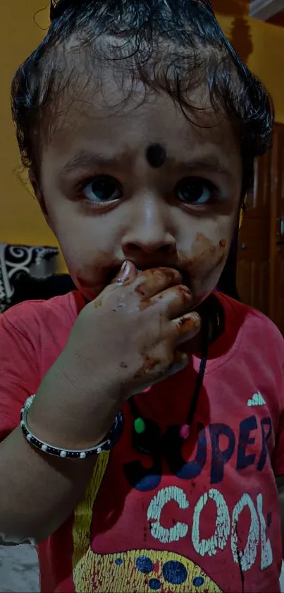 Adorable child enjoying chocolate in a cute portrait.