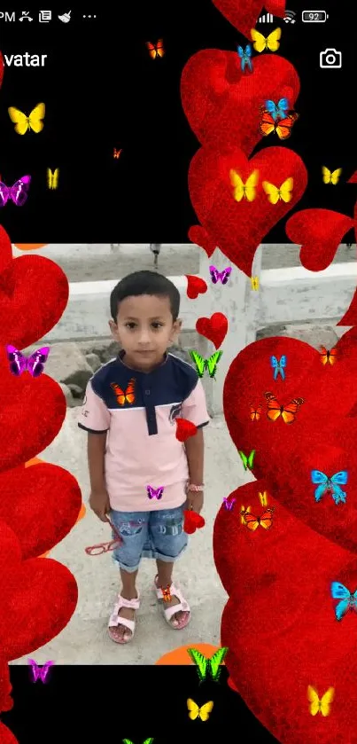 Child with red hearts mobile wallpaper, adding love and charm to your screen.