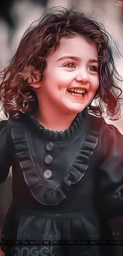 Adorable child smiling in a black dress with a soft, blurred background.