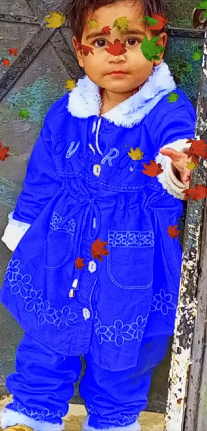 Cute child in a bright blue outfit standing outdoors.