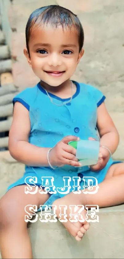 Adorable child in blue outfit holding a cup, smiling warmly.