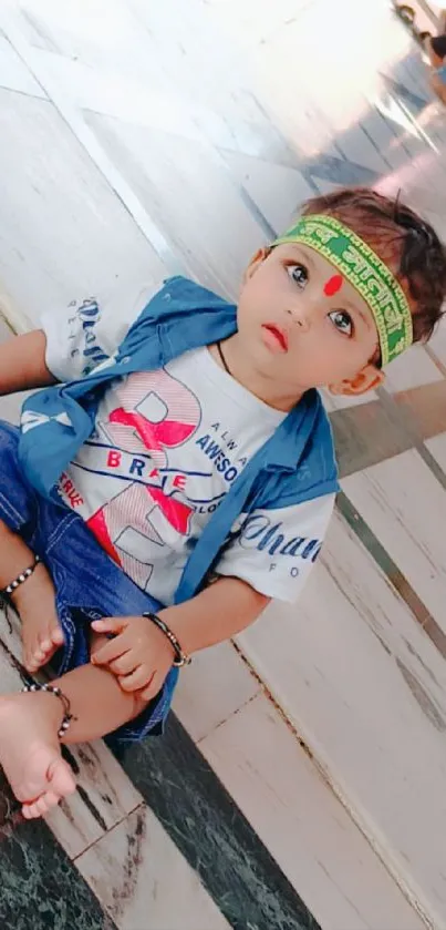 Adorable child in colorful outfit sitting indoors.