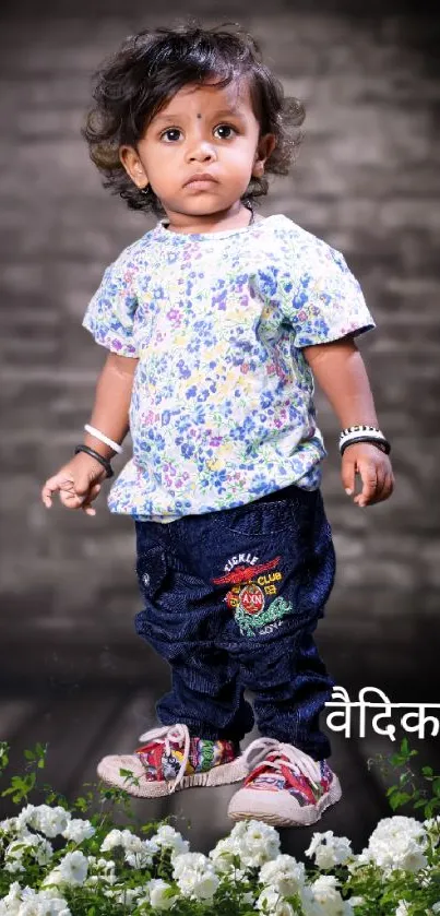 Cute child in floral print standing on grass.