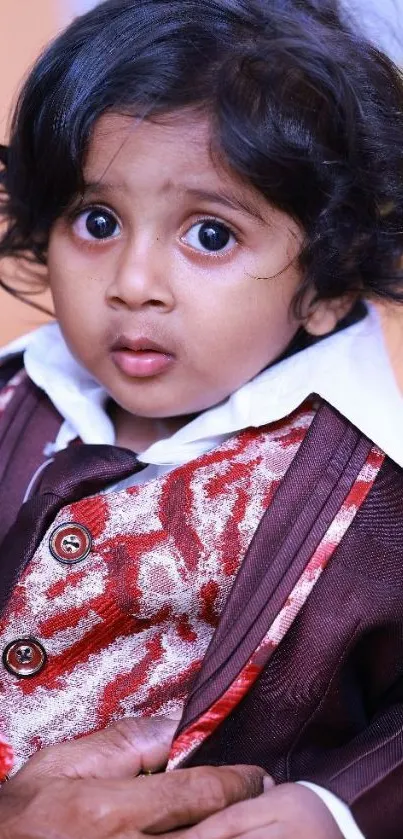 Adorable child in formal suit with curious expression.