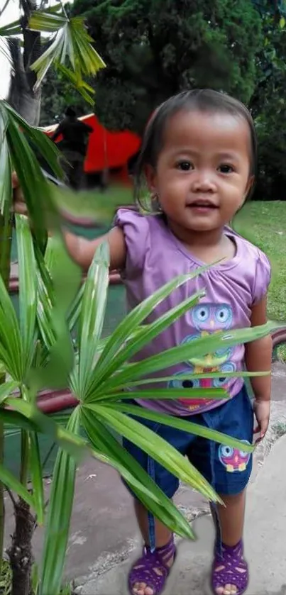 Adorable child in a green garden setting, smiling near plants.