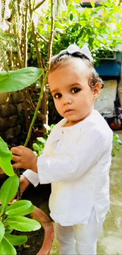 Child in white outfit in a garden with vibrant green leaves.