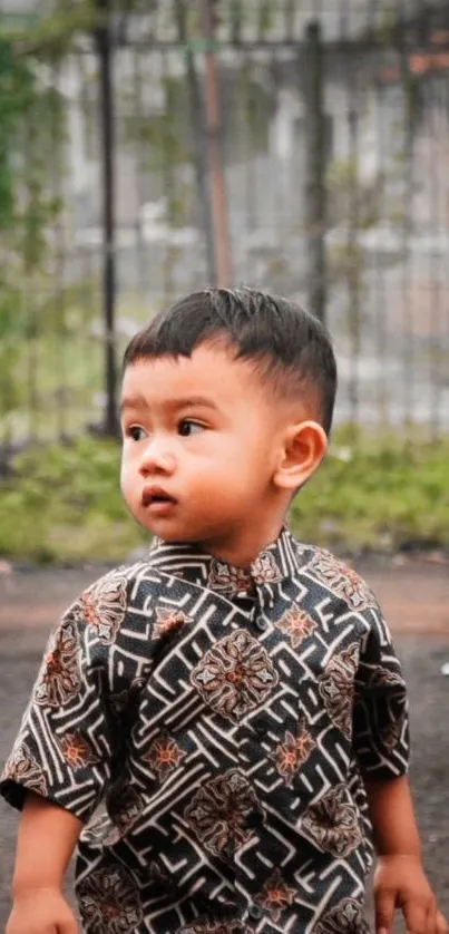 Adorable child in patterned shirt outdoors, exuding charm.